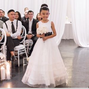 white flower girl dress with black sash